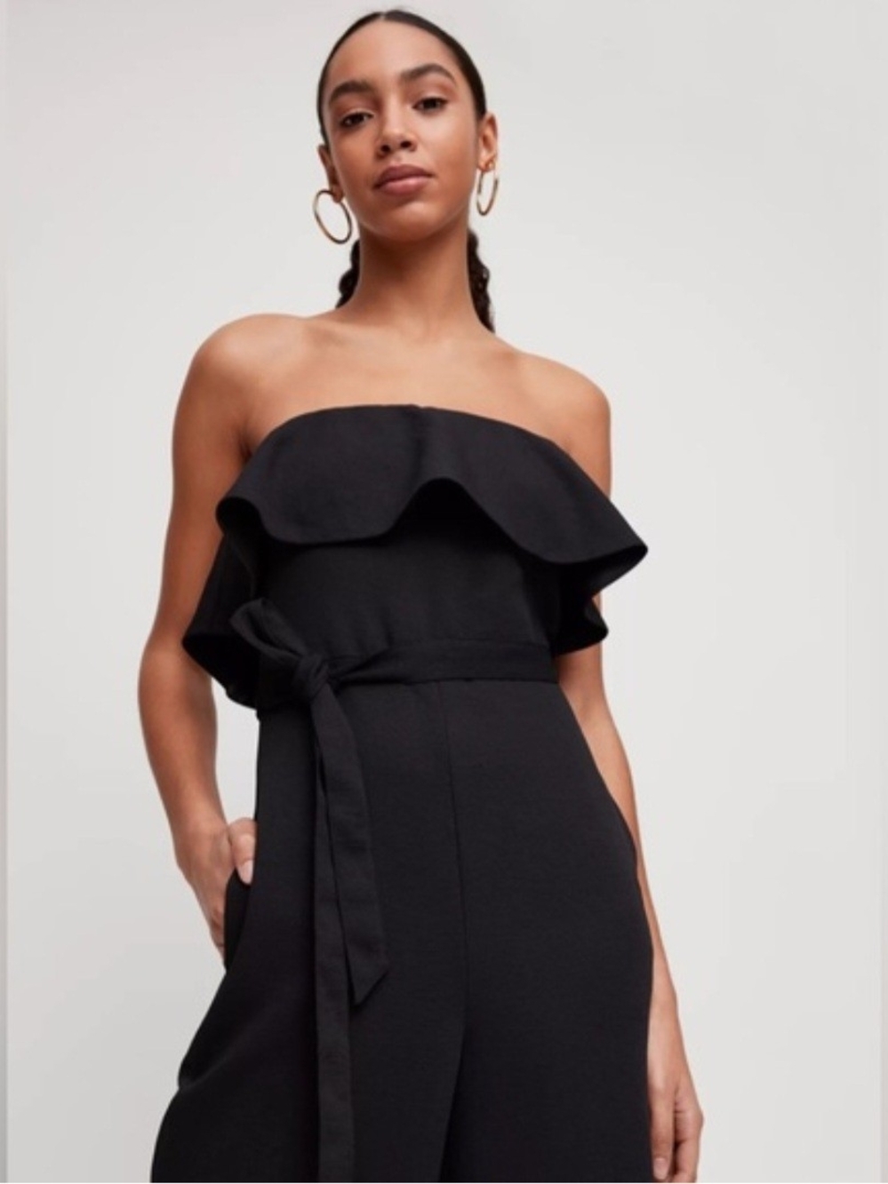 Aritzia BABATON Strapless Black Ruffled Jumpsuit (Missing Belt Strap)
